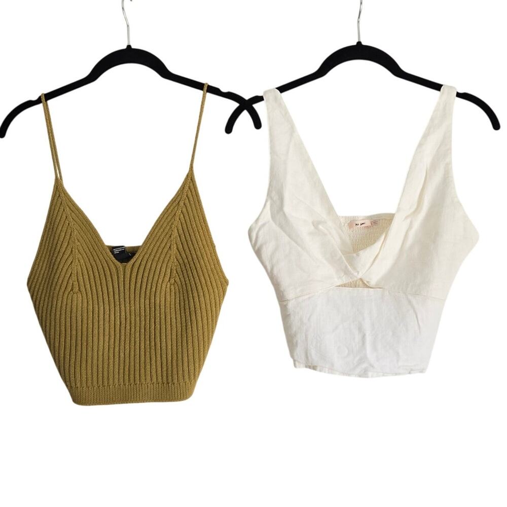 Lot of 2 NWT Y2K Boho Chic Resortwear Olive Green & Cream Linen Tank Tops  M/L